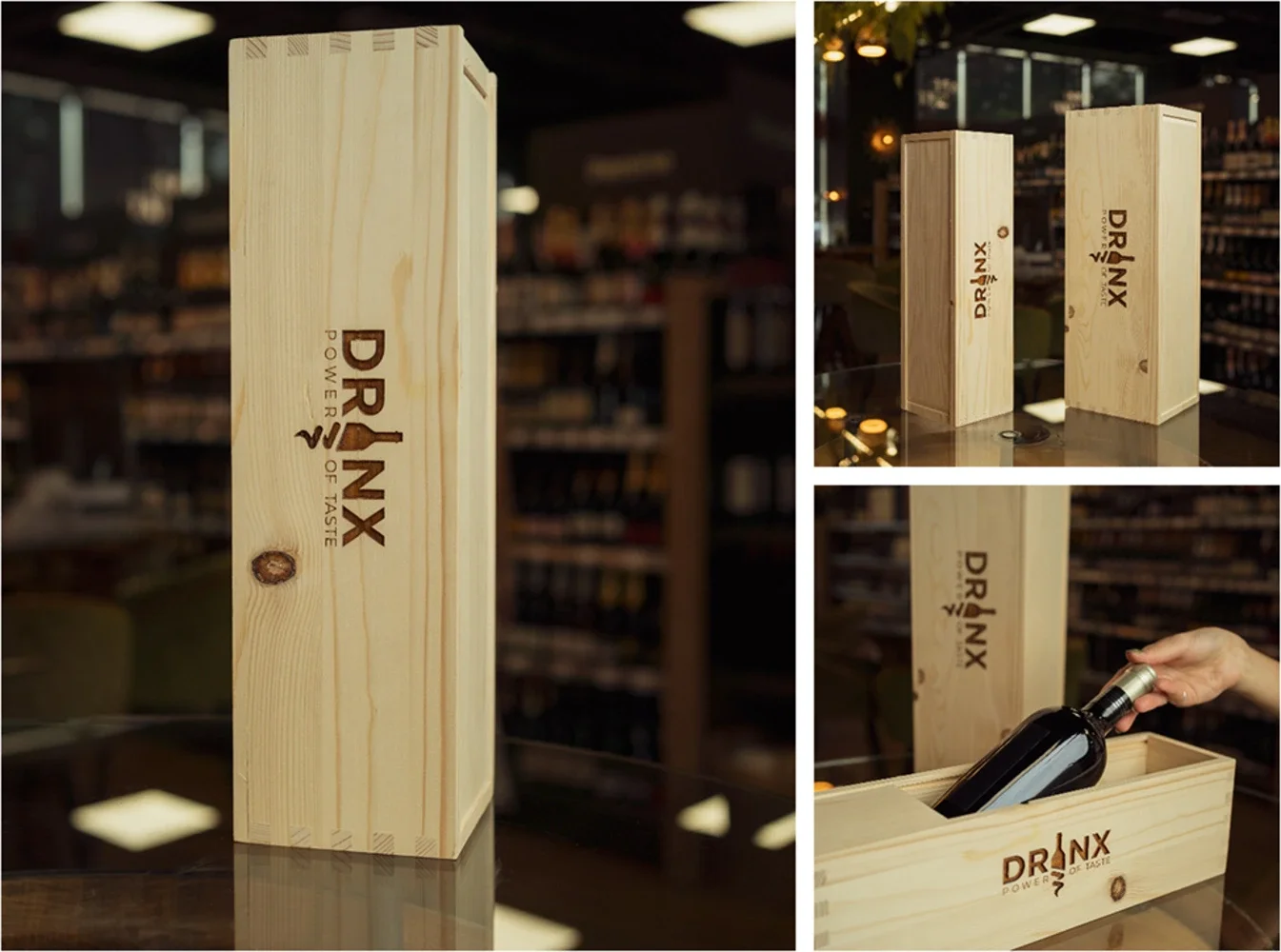 Drvena kutija Drinx 1x 1,50 L. smreka natur, klizno otvaranje Drinx LOGO 1 kom