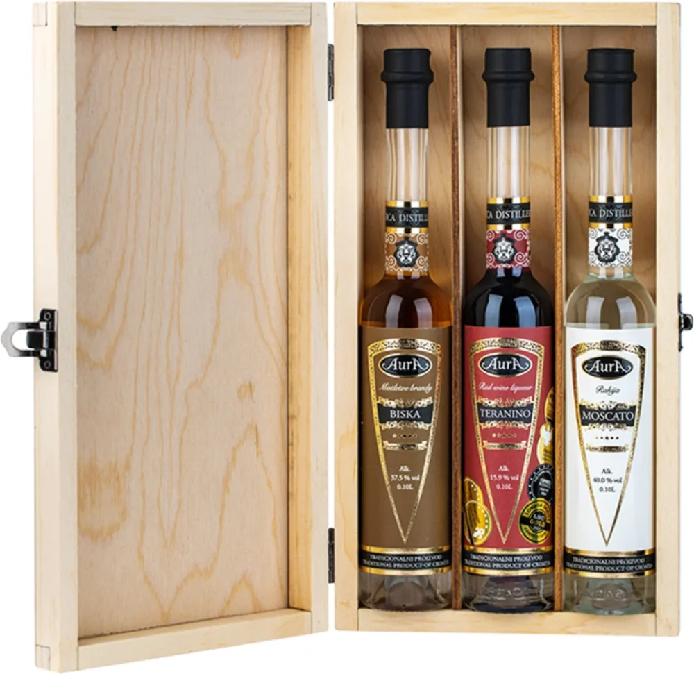 Poklon paket Box Rakija (Biska, Teranino, Moscato) Aura poklon kutija 3 x 0,1 L
