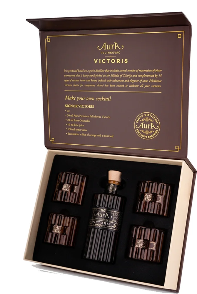 Poklon paket Grenčica Pelinkovac Victoris Aura + 4 čaše poklon kutija 0,5 L