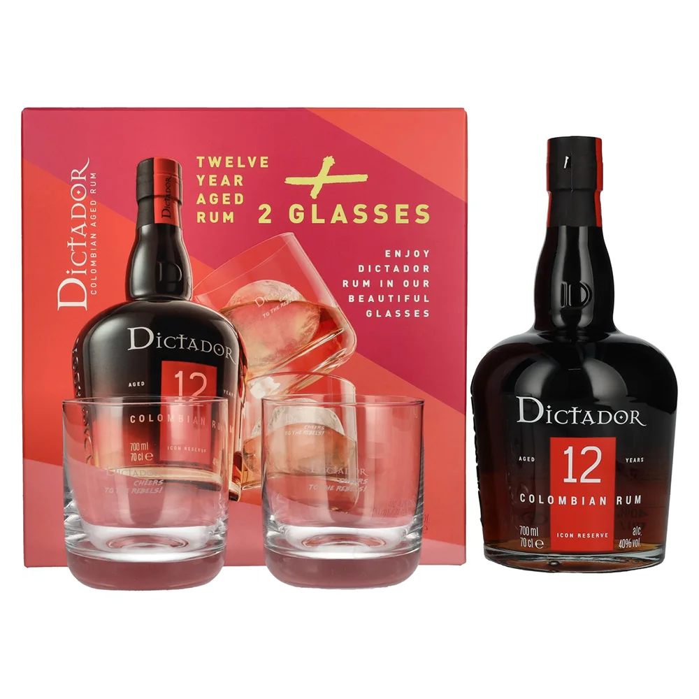 Rum Dictador 12 Y Solera + 2 čaše poklon kutija 0,7 L