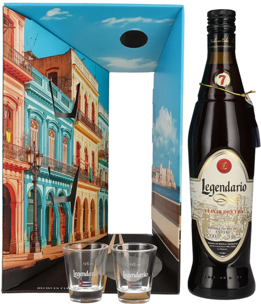 Rum Legendario Elixir 7y + 2 čaše poklon kutija 0,7 L
