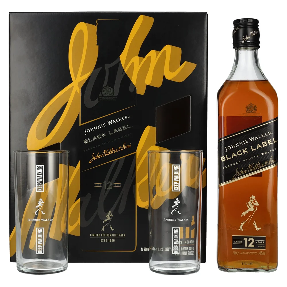 Škotski viski Johnnie Walker Black Label + 2 čaše poklon kutija 0,7 L