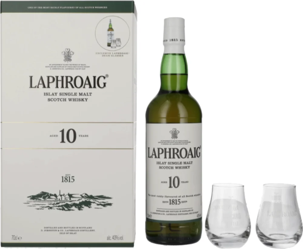 Škotski viski LAPHROAIG 10 Single malt + 2 čaše poklon kutija 0,7 L