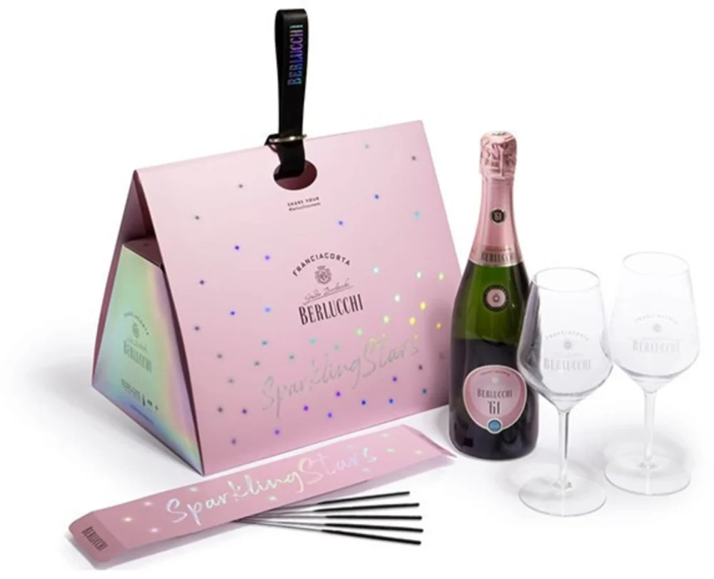 [DX6337] Pjenušac Berlucchi Franciacorta 61 Rose poklon kutija + 2 čaše i prskalice 0,75 L