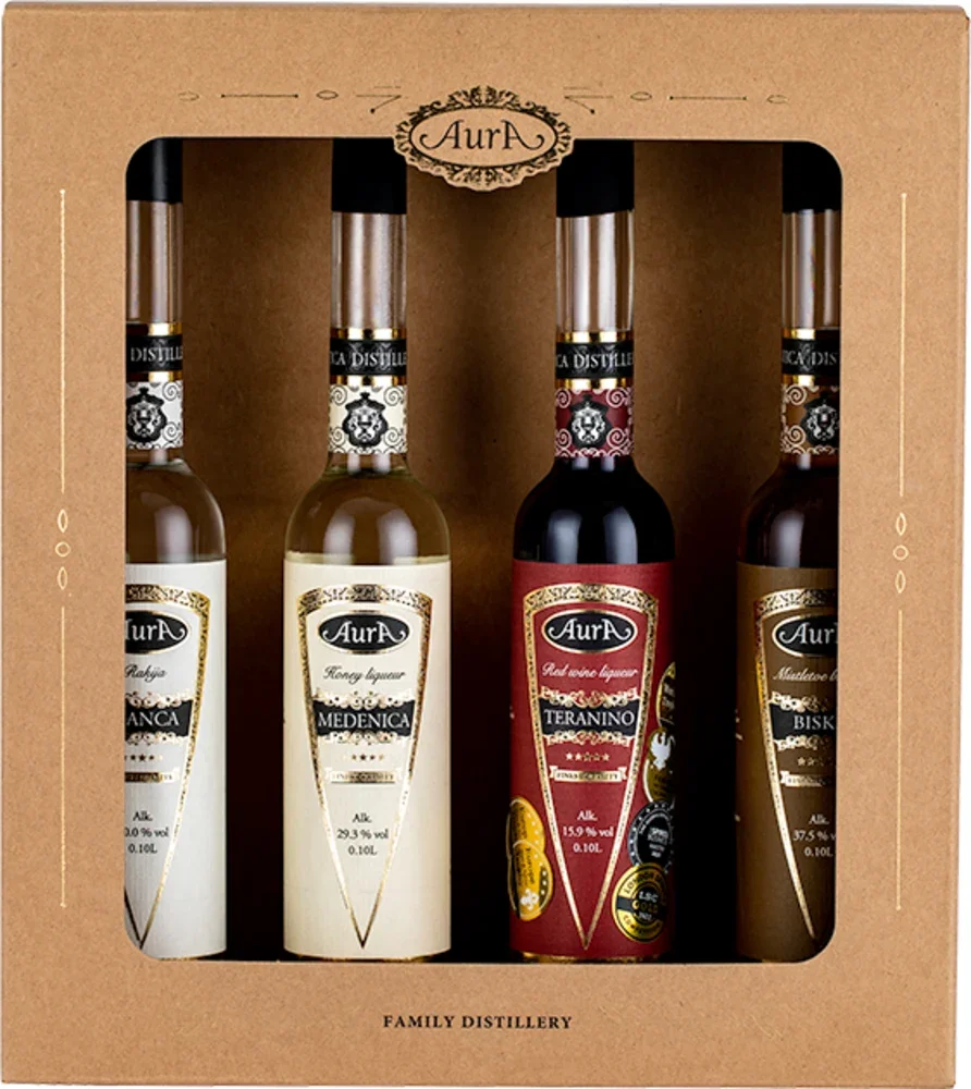 [DX3516] Poklon paket Box Rakija (Biska, Medenica, Teranino, Bianca) Aura poklon kutija 4x 0,1 L