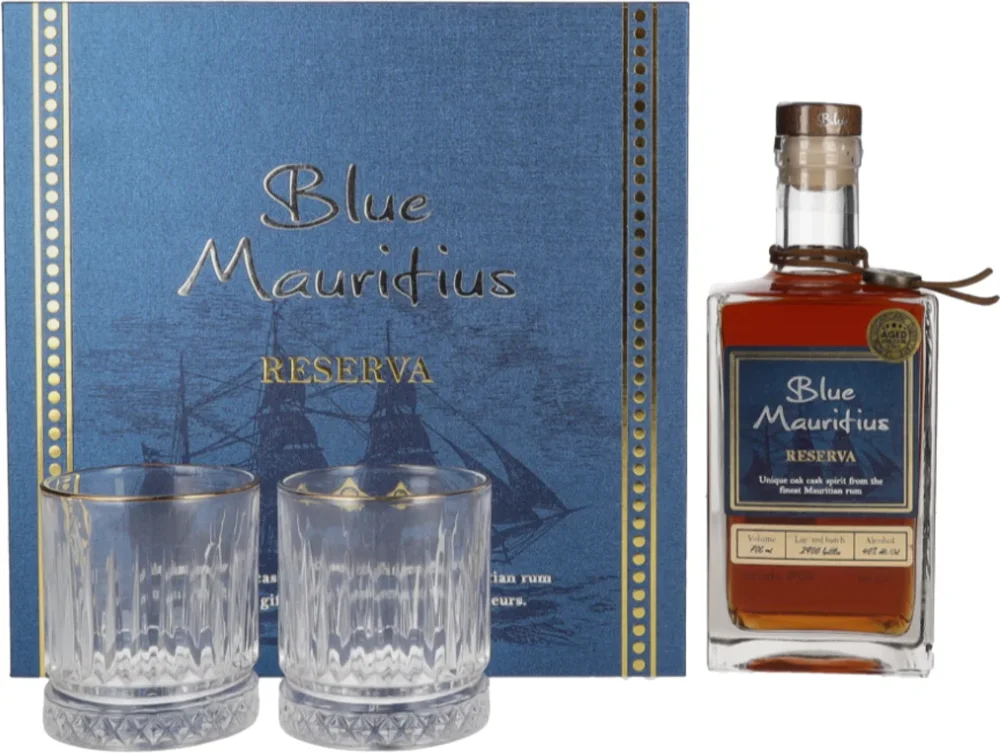 [DX5522] Rum Blue Mauritius Reserva + 2 čaše poklon kutija 0,7 L