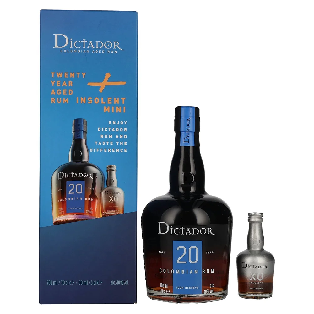 [DX9065] Rum Dictador 20 yo ICON RESERVE + miniaturka XO Insolent 0,05 L poklon kutija 0,7 L
