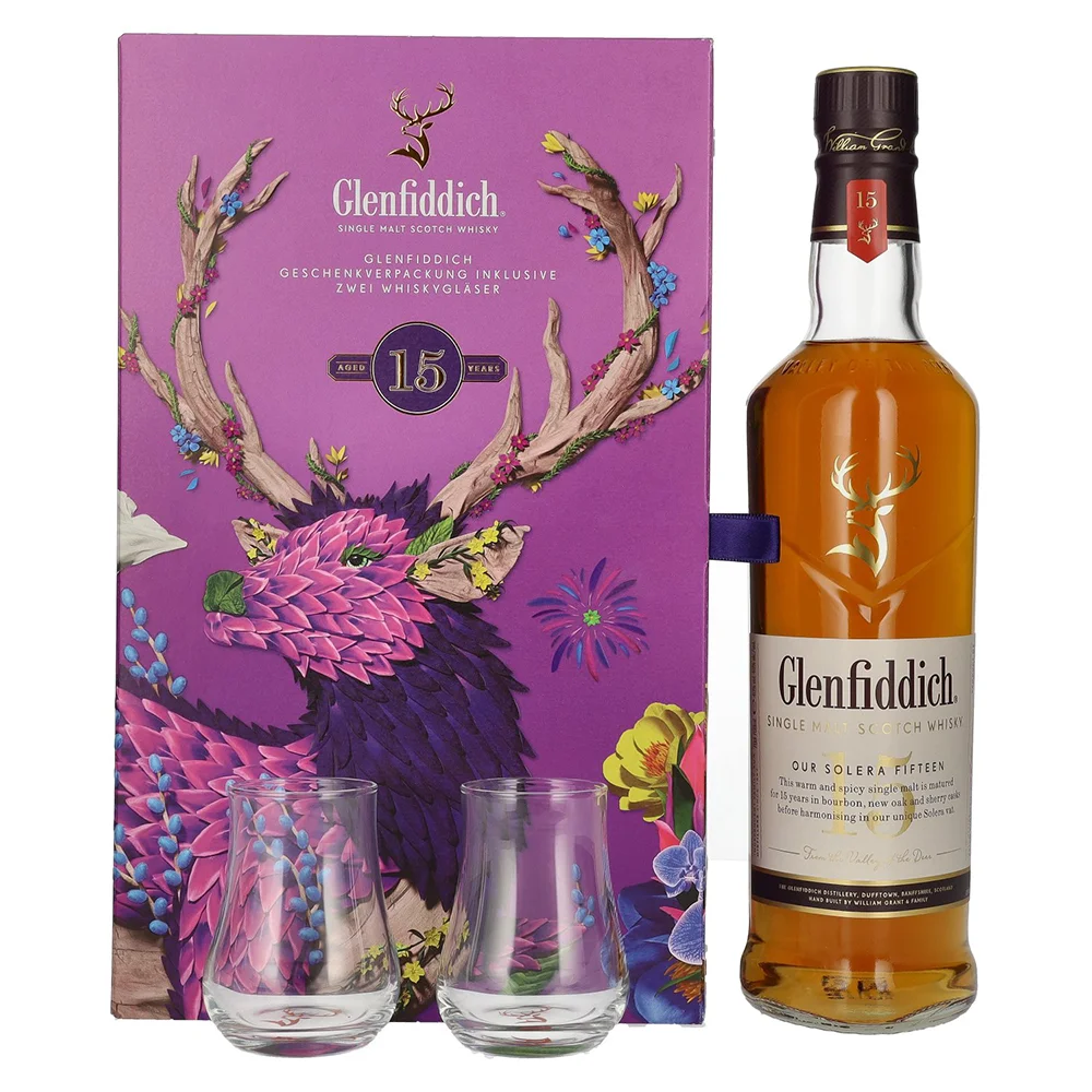 [DX8898] Škotski viski Glenfiddich 15 YO + 2 čaše poklon kutija 0,7 L